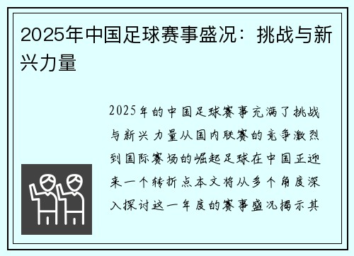 2025年中国足球赛事盛况：挑战与新兴力量
