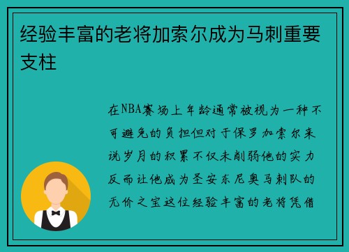 经验丰富的老将加索尔成为马刺重要支柱