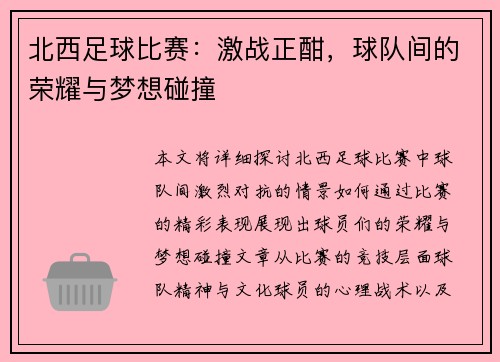 北西足球比赛：激战正酣，球队间的荣耀与梦想碰撞