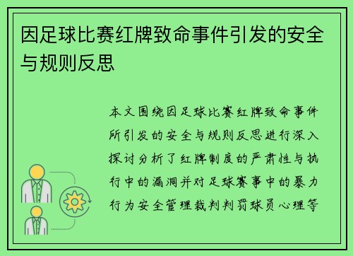 因足球比赛红牌致命事件引发的安全与规则反思