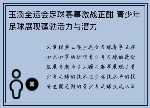 玉溪全运会足球赛事激战正酣 青少年足球展现蓬勃活力与潜力