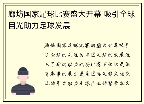 廊坊国家足球比赛盛大开幕 吸引全球目光助力足球发展