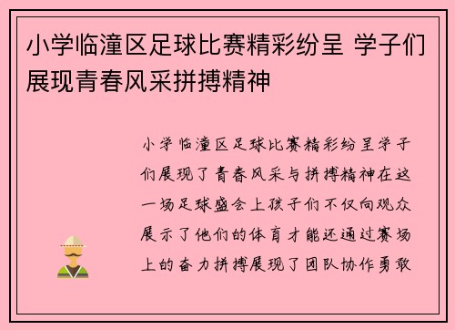 小学临潼区足球比赛精彩纷呈 学子们展现青春风采拼搏精神