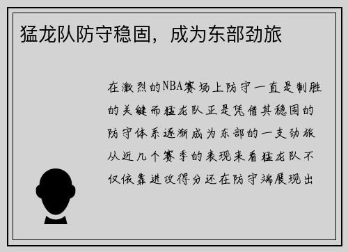 猛龙队防守稳固，成为东部劲旅