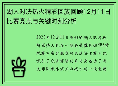 湖人对决热火精彩回放回顾12月11日比赛亮点与关键时刻分析
