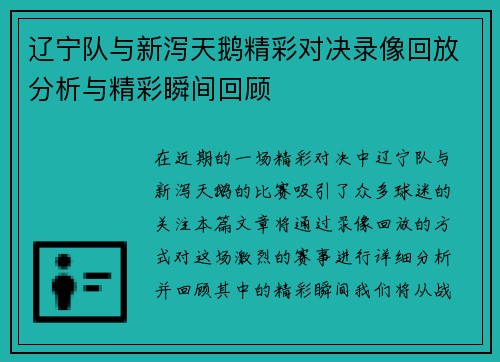 辽宁队与新泻天鹅精彩对决录像回放分析与精彩瞬间回顾
